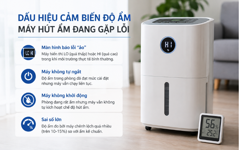 Dấu hiệu cảm biến độ ẩm máy hút ẩm đang gặp lỗi