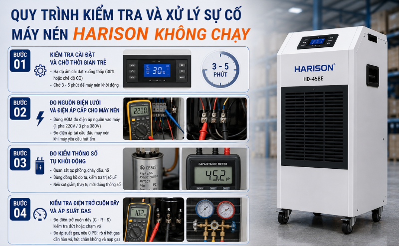 Quy trình kiểm tra và xử lý sự cố máy nén Harison không chạy