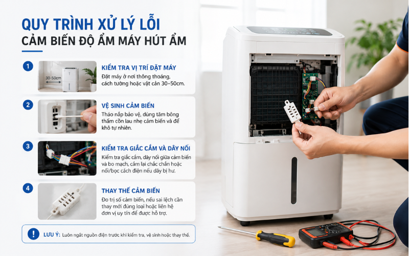 Quy trình xử lý lỗi cảm biến độ ẩm máy hút ẩm
