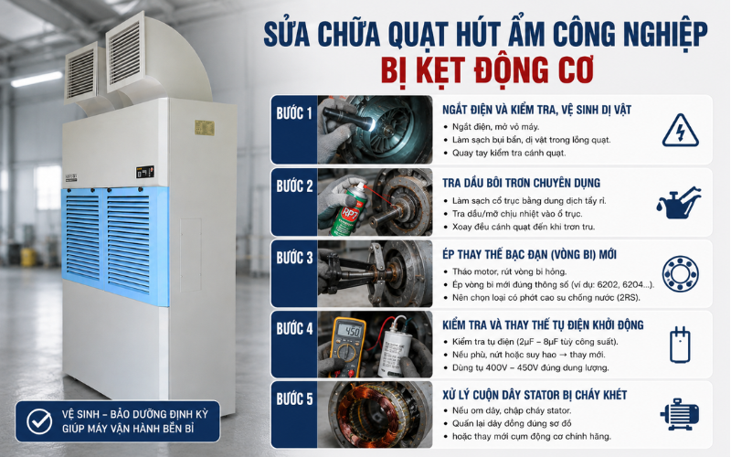 Sửa chữa quạt hút ẩm công nghiệp bị kẹt động cơ