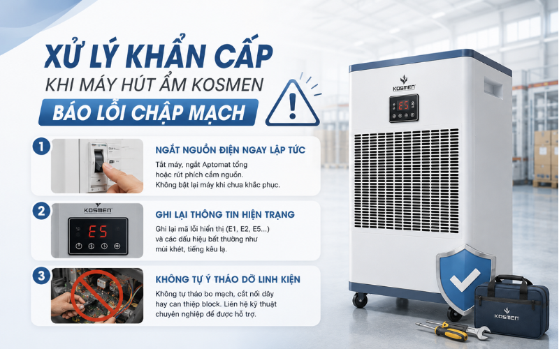 Xử lý khẩn cấp khi máy hút ẩm Kosmen báo lỗi chập mạch