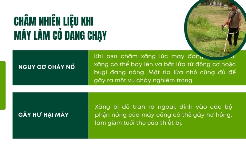 Châm nhiên liệu khi máy làm cỏ đang chạy