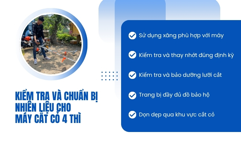 Kiểm tra và chuẩn bị nhiên liệu cho máy cắt cỏ 4 thì
