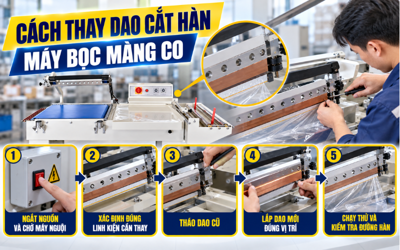 Cách thay dao cắt hàn máy bọc màng co