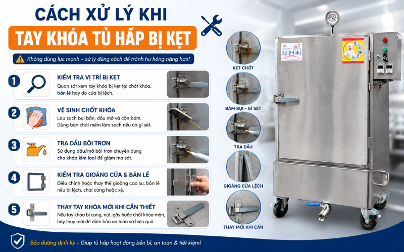 Cách xử lý khi tay khóa tủ hấp bị kẹt