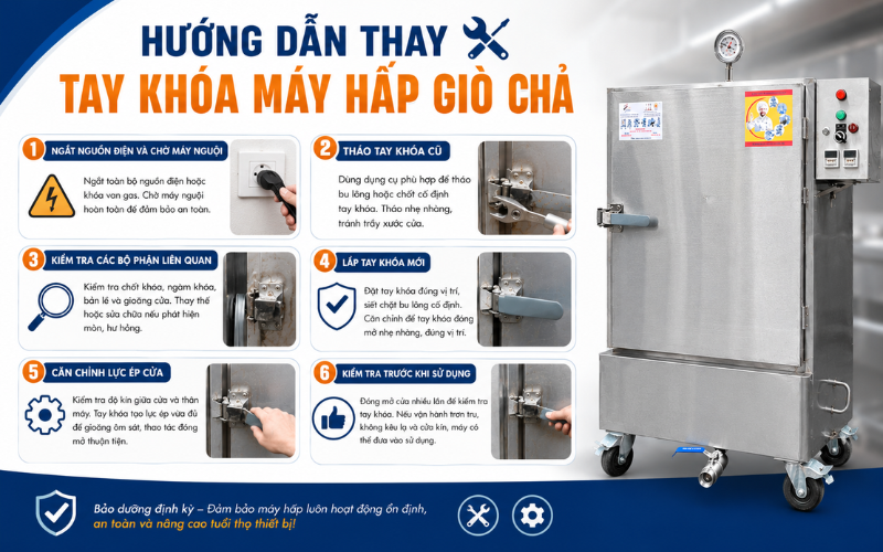 Hướng dẫn thay tay khóa máy hấp giò chả