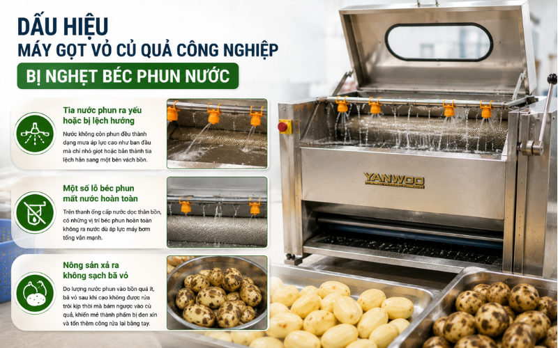 Dấu hiệu máy gọt vỏ củ quả công nghiệp bị nghẹt béc phun nước