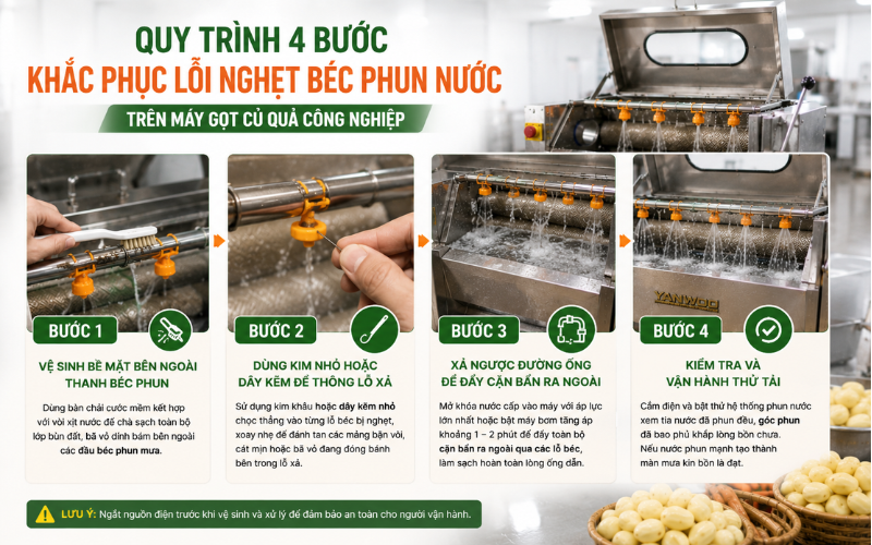 Quy trình 4 bước khắc phục lỗi nghẹt béc phun nước trên máy gọt củ quả công nghiệp