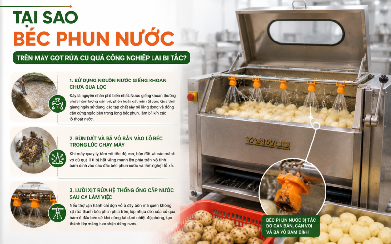 Tại sao béc phun nước trên máy gọt rửa củ quả công nghiệp lại bị tắc